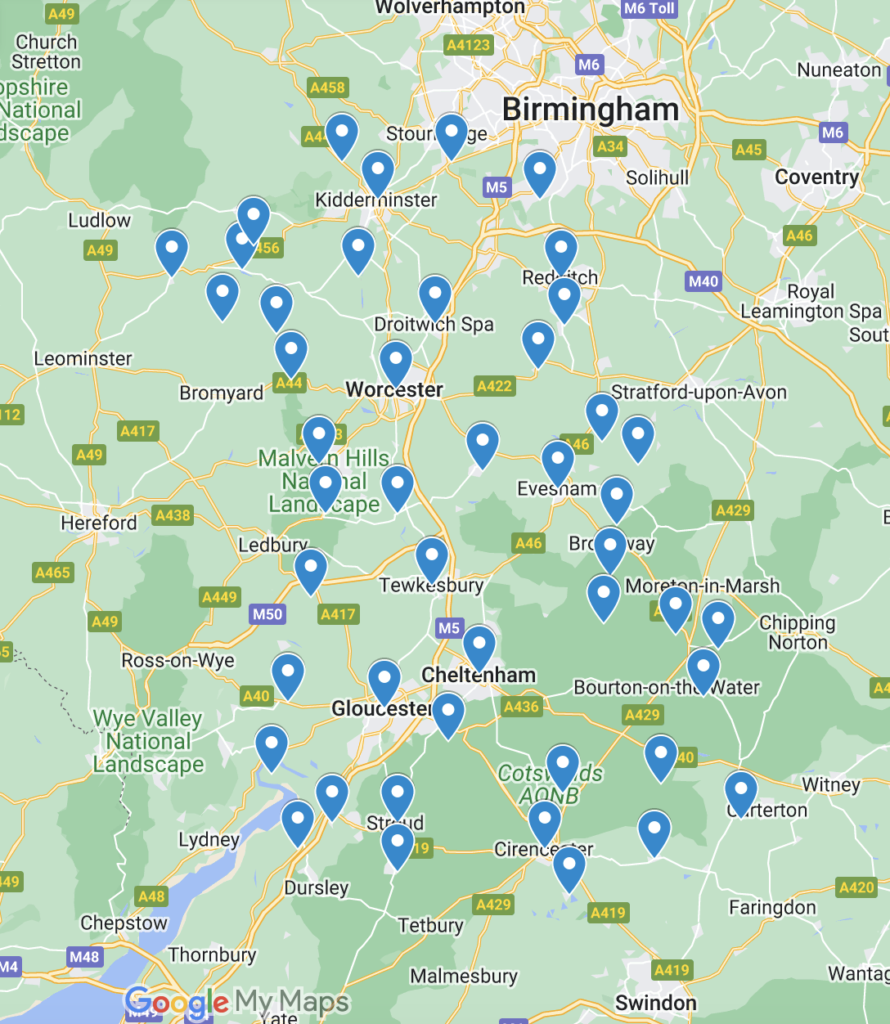 map showing locations within Worcestershire, Gloucestershire & The West Midlands